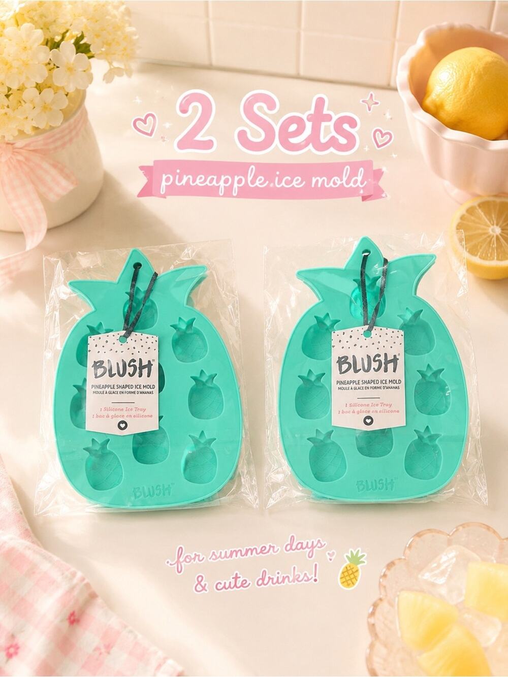 Set of 2 cute BLUSH Pineapple Silicone Ice Mold craft party favor gift bundle